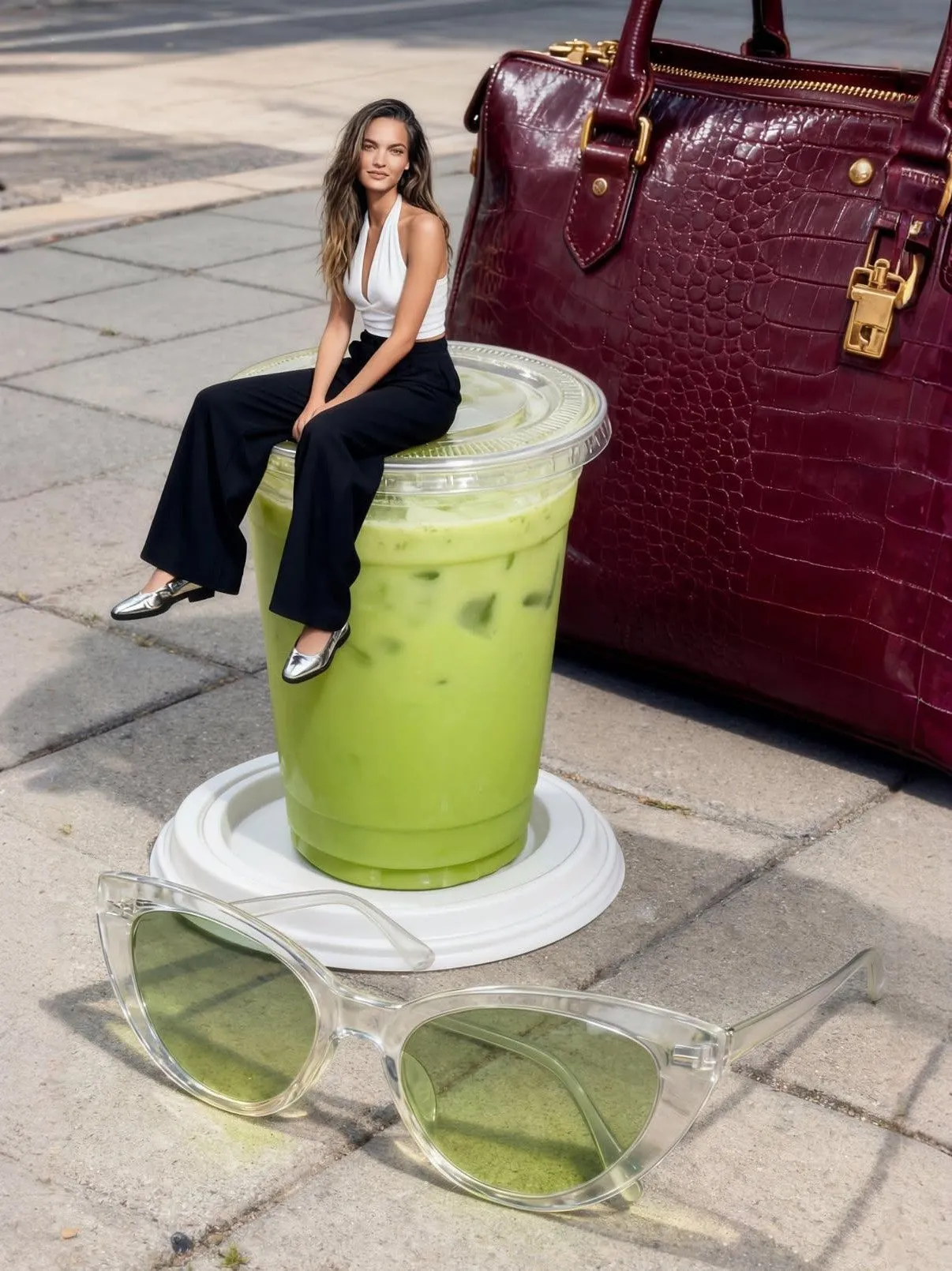 A Women sitting on the lid of a large mishake cup